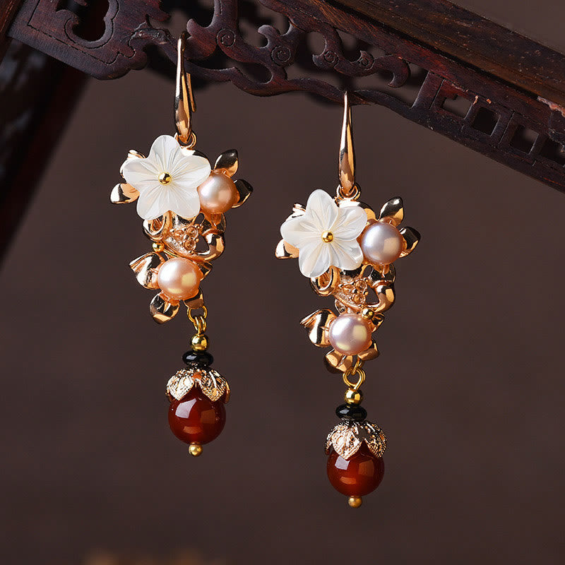 14K Gold Plated Tridacna Stone Flower Pearl Green Aventurine Bead Drop Earrings