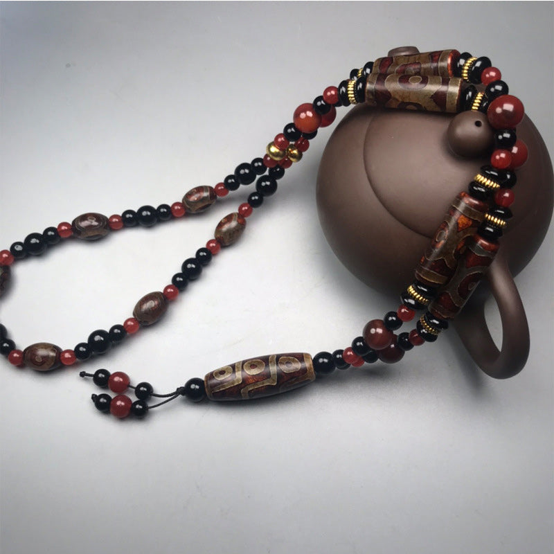 Nine-Eye Dzi Bead Red Agate Wealth Health Necklace