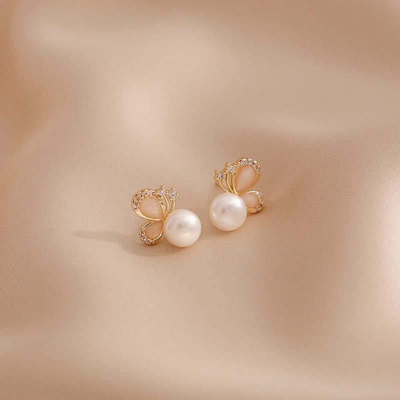 18k Gold Plated Pearl Butterfly Love Freedom Stud Earrings