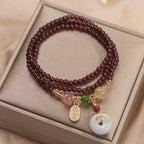 Natural Garnet Strawberry Quartz Crystal Fox Koi Fish Peace Buckle Fortune Protection Triple Wrap Bracelet