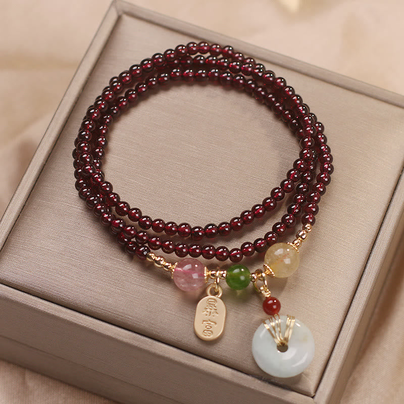 Natural Garnet Strawberry Quartz Crystal Fox Koi Fish Peace Buckle Fortune Protection Triple Wrap Bracelet