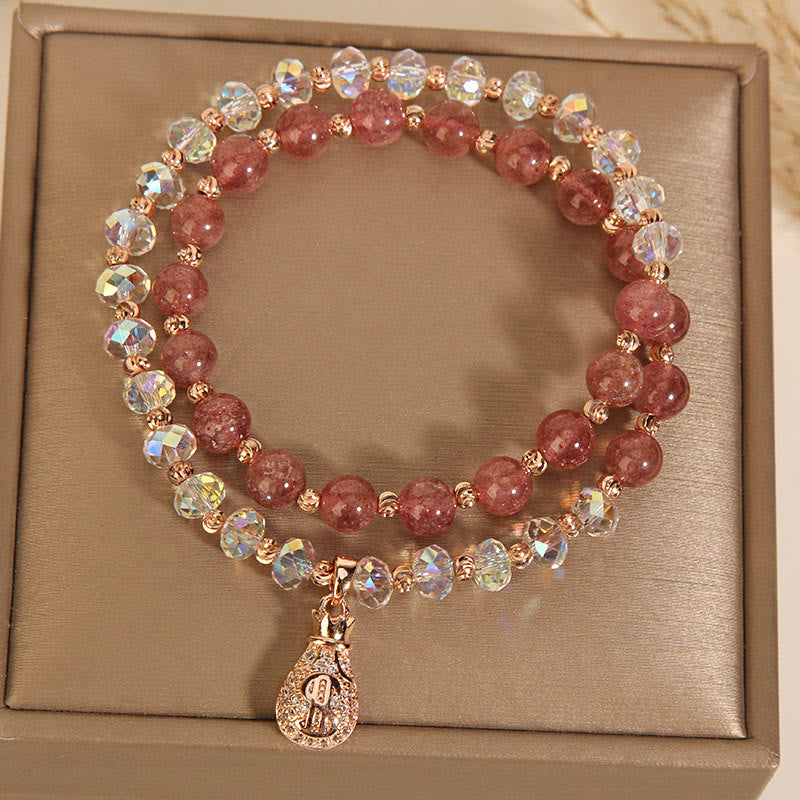 Strawberry Quartz White Crystal Money Bag Charm Positive Bracelet