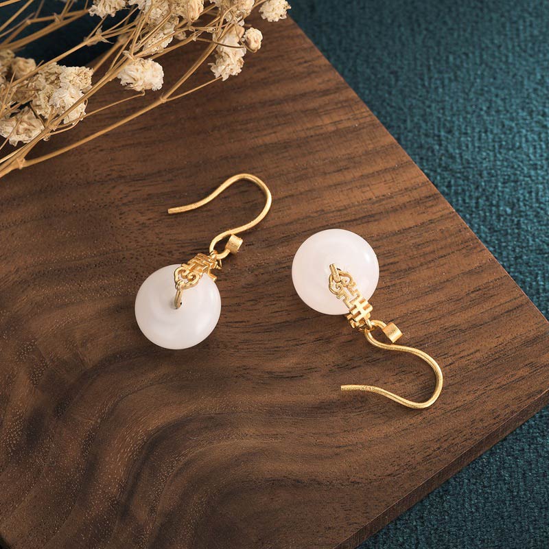 White Jade Double Happiness Fortune Earrings