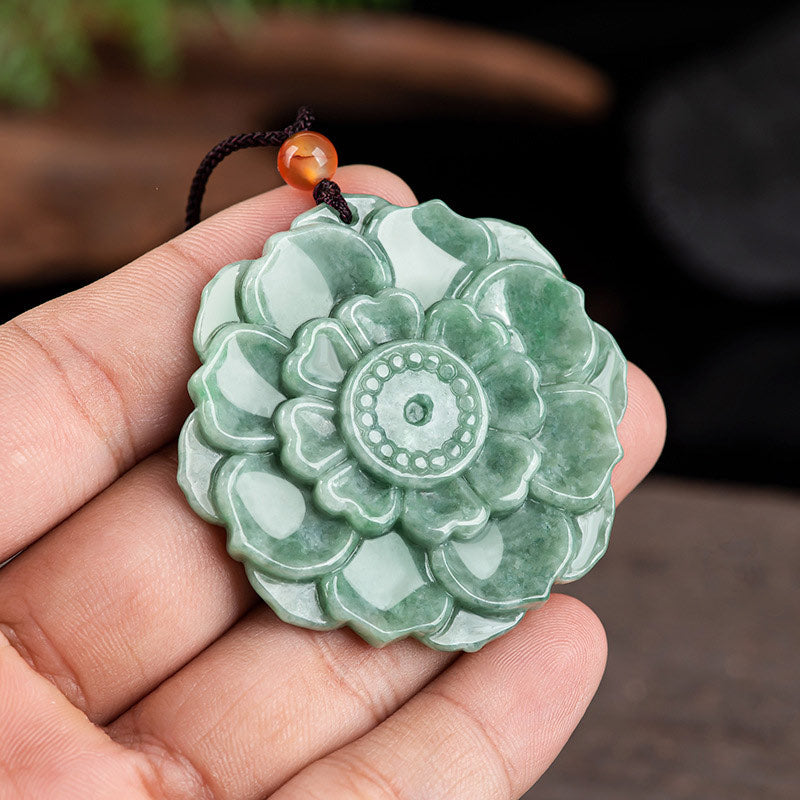 Lotus Pattern Jade Luck Prosperity Necklace Pendant