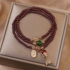 Natural Garnet Strawberry Quartz Crystal Fox Koi Fish Peace Buckle Fortune Protection Triple Wrap Bracelet