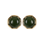 925 Sterling Silver Plated Gold Natural Hetian Cyan Jade Bead Luck Stud Earrings