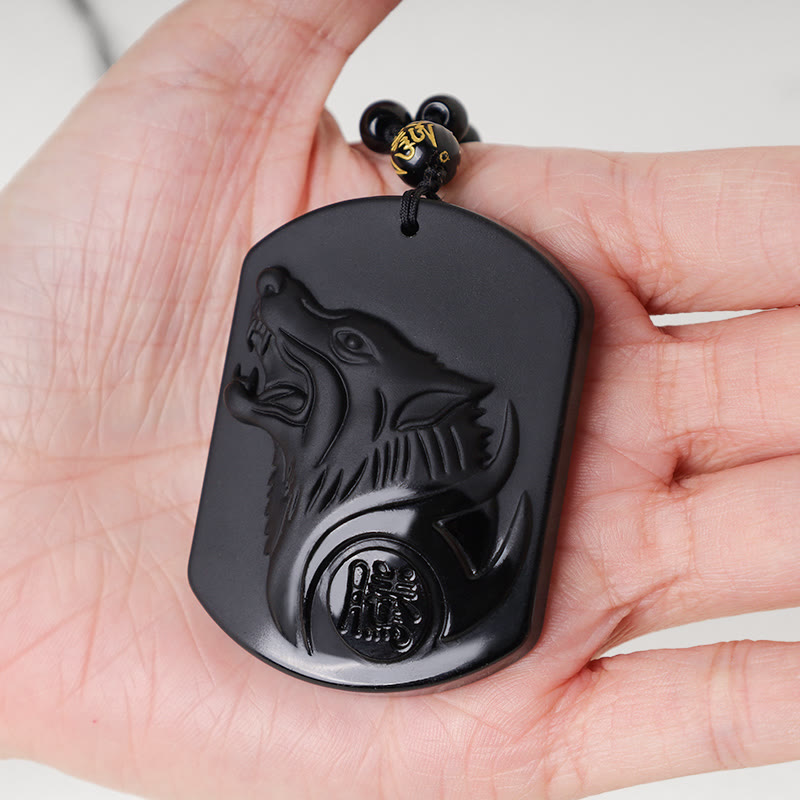 Black Obsidian Stone Wolf Purification Pendant Necklace