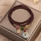 Natural Garnet Strawberry Quartz Crystal Fox Koi Fish Peace Buckle Fortune Protection Triple Wrap Bracelet