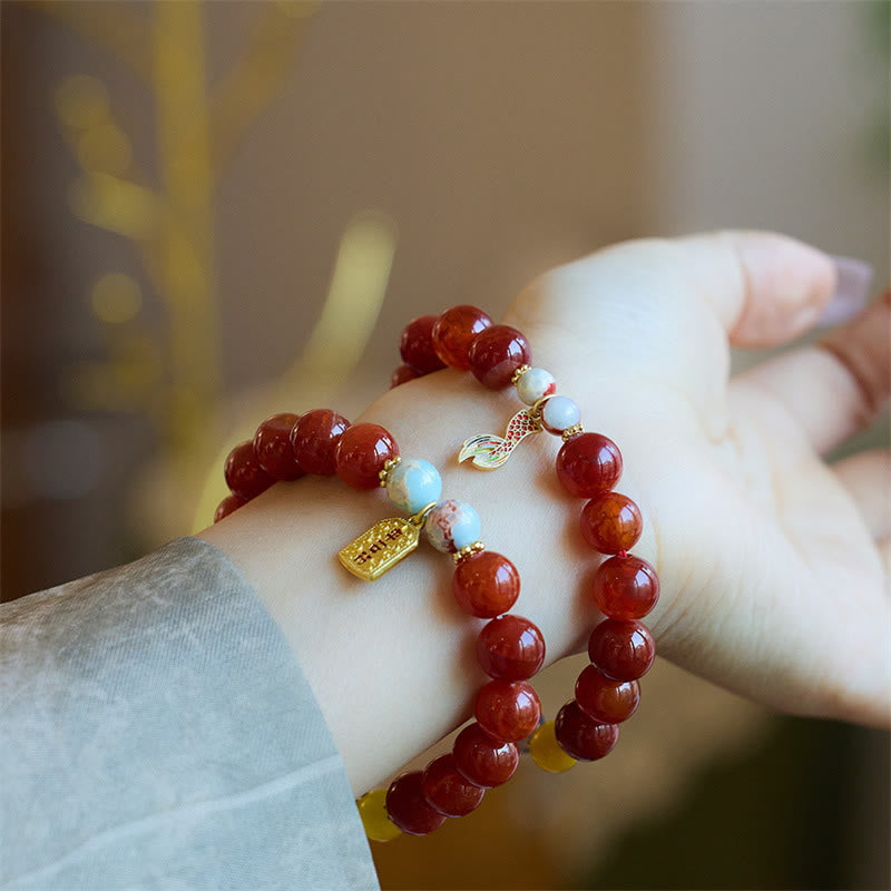 Natural Red Agate Peace Talisman Fu Character Dragon Tail Confidence Charm Bracelet