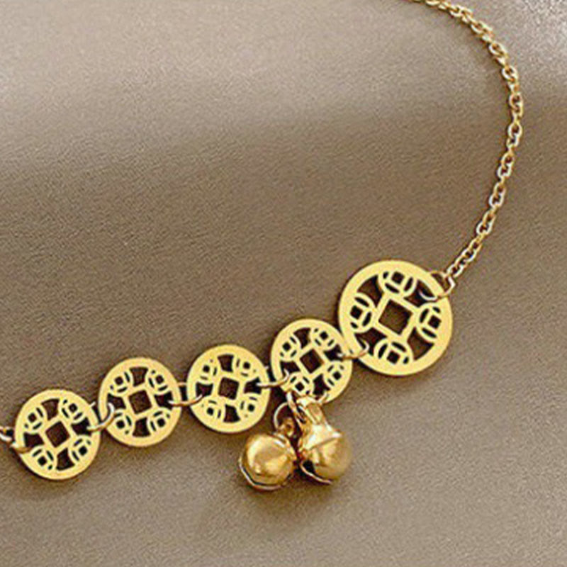 Copper Coins Bell Charm Titanium Steel Strengthen Anklet