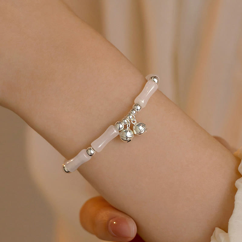 925 Sterling Silver Natural White Jade Bamboo Bell Charm Luck Happiness Bracelet