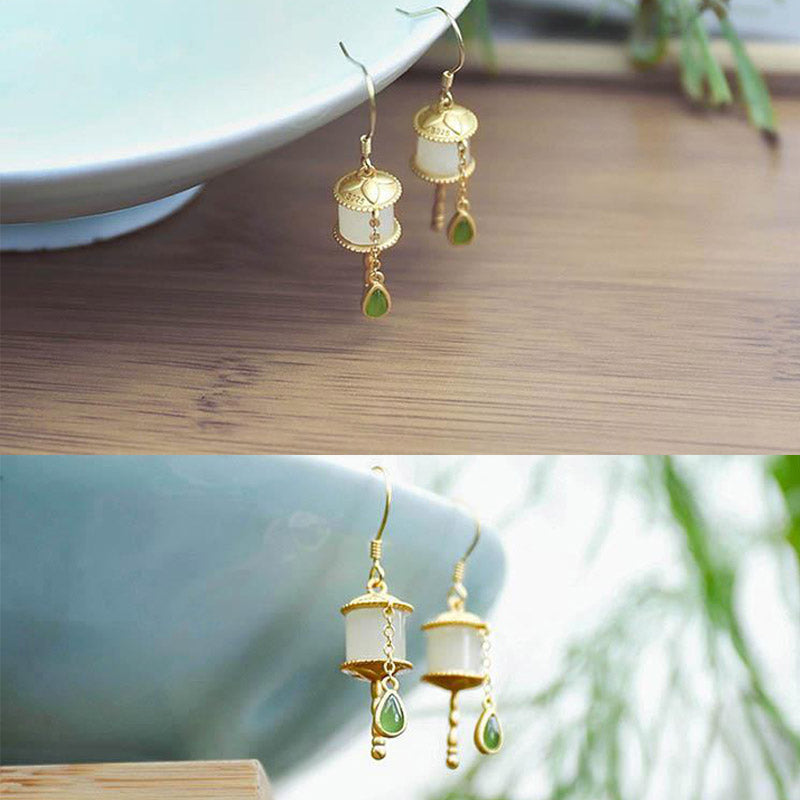 925 Sterling Silver Jade Prayer Wheel Luck Drop Earrings
