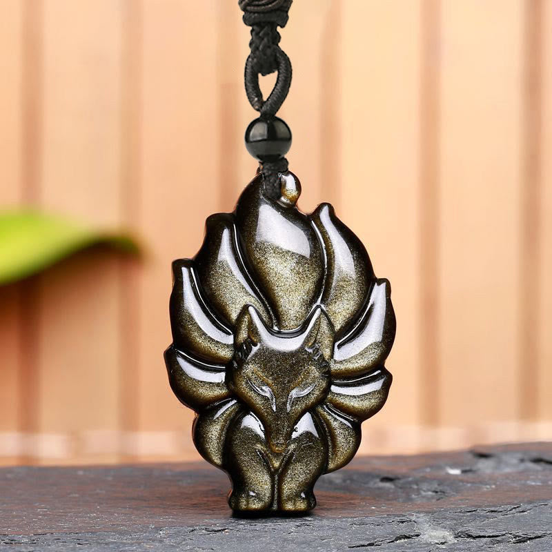 Natural Fluorite Gold Sheen Obsidian Fox Pendant Protection Necklace