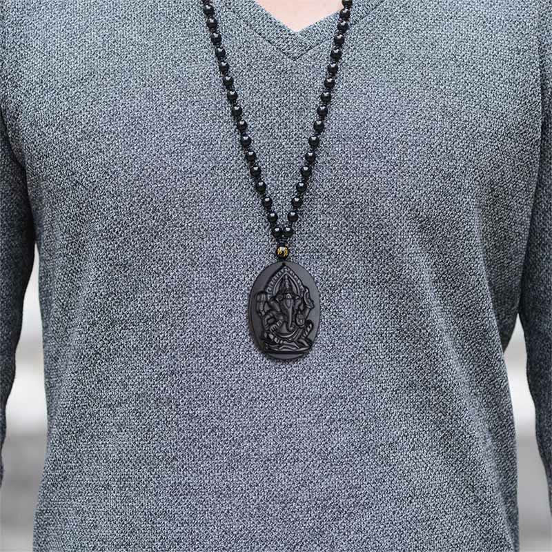 Tibetan Obsidian Ganesh Ganpati Elephant Wealth Amulet Necklace