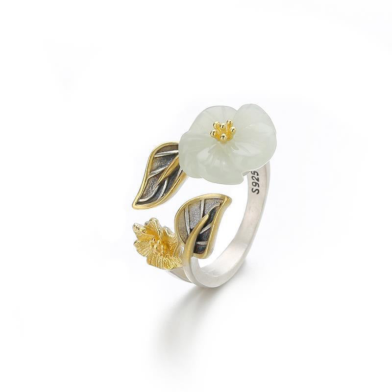 925 Silver Plated Copper White Jade Plum Flower Leaf Luck Ring