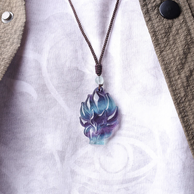 Natural Fluorite Gold Sheen Obsidian Fox Pendant Protection Necklace