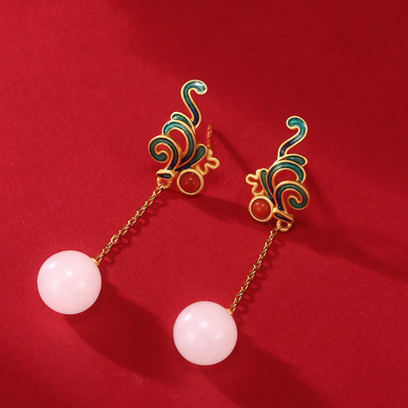 Vintage White Jade Red Agate Bead Blessing Drop Dangle Earrings