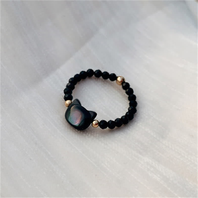 Natural Tridacna Stone Lovely Cat 14K Gold Plated Blessing Ring