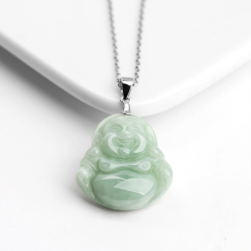 Laughing Buddha Jade Blessing Titanium Steel Chain Necklace Pendant