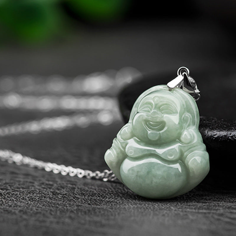 Laughing Buddha Jade Blessing Titanium Steel Chain Necklace Pendant