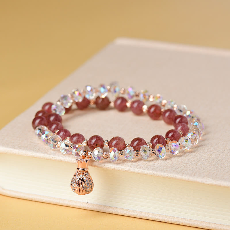 Strawberry Quartz White Crystal Money Bag Charm Positive Bracelet
