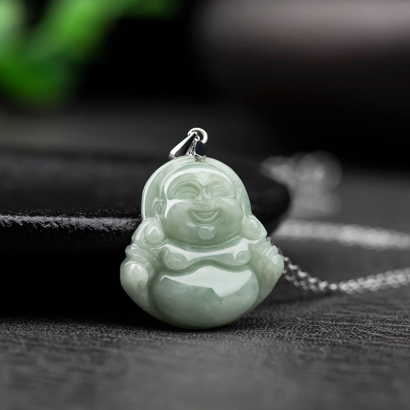 Laughing Buddha Jade Blessing Titanium Steel Chain Necklace Pendant