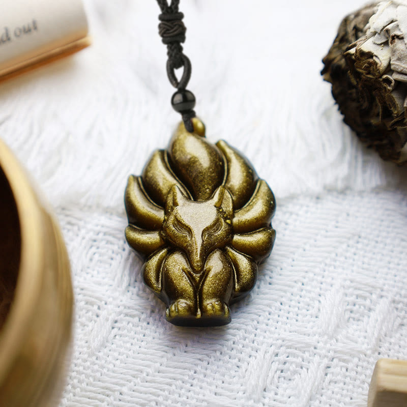Natural Fluorite Gold Sheen Obsidian Fox Pendant Protection Necklace