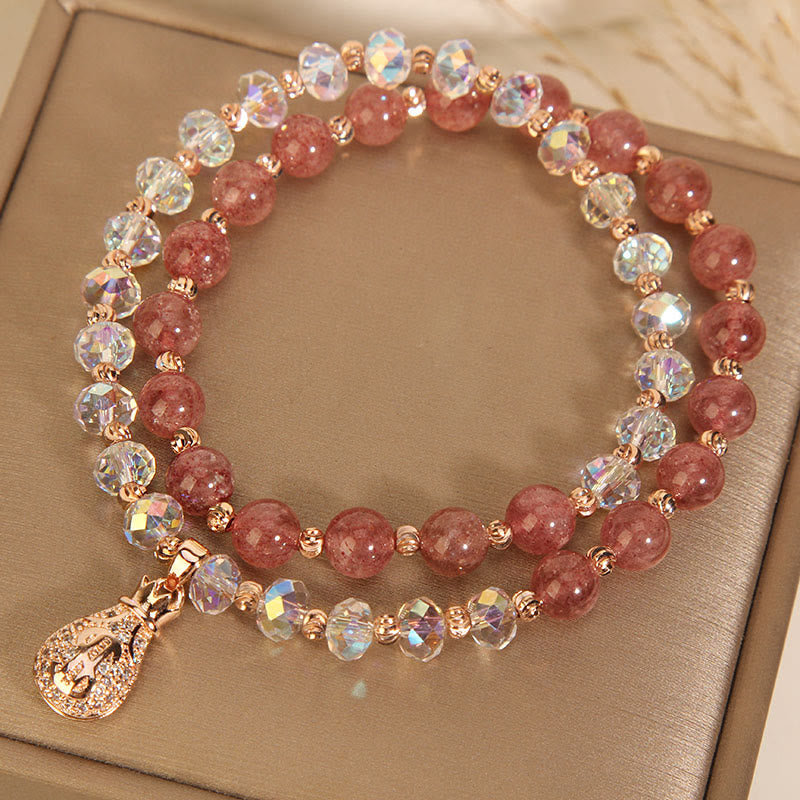 Strawberry Quartz White Crystal Money Bag Charm Positive Bracelet