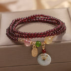 Natural Garnet Strawberry Quartz Crystal Fox Koi Fish Peace Buckle Fortune Protection Triple Wrap Bracelet