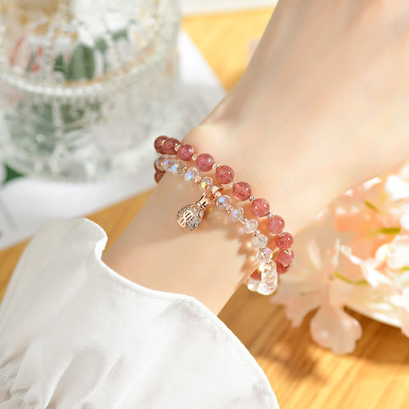 Strawberry Quartz White Crystal Money Bag Charm Positive Bracelet
