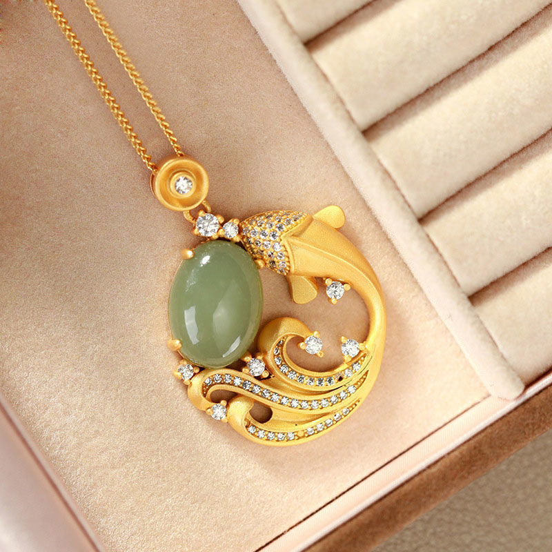Cyan Jade Koi Fish Healing Calm Necklace Pendant