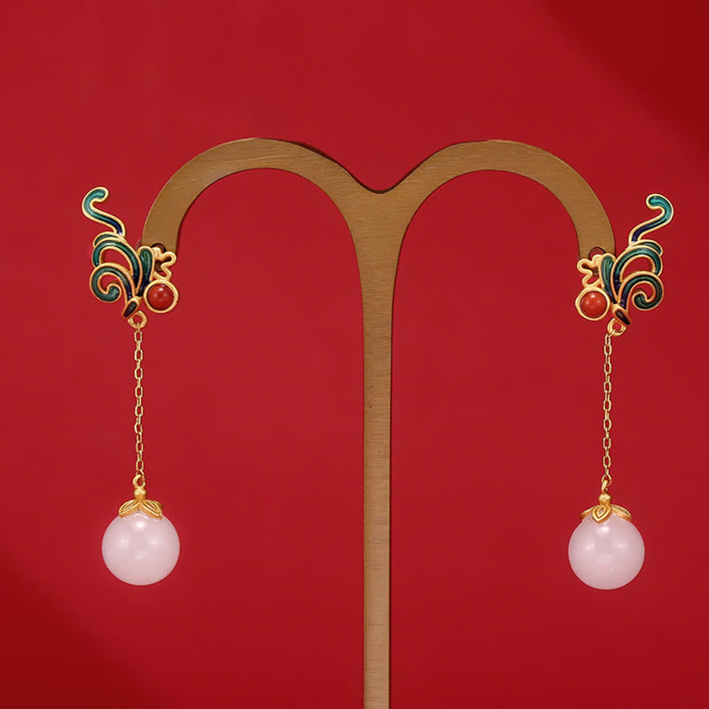 Vintage White Jade Red Agate Bead Blessing Drop Dangle Earrings
