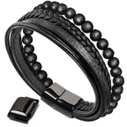Natural Lava Rock Black Onyx Bead Leather Bracelet