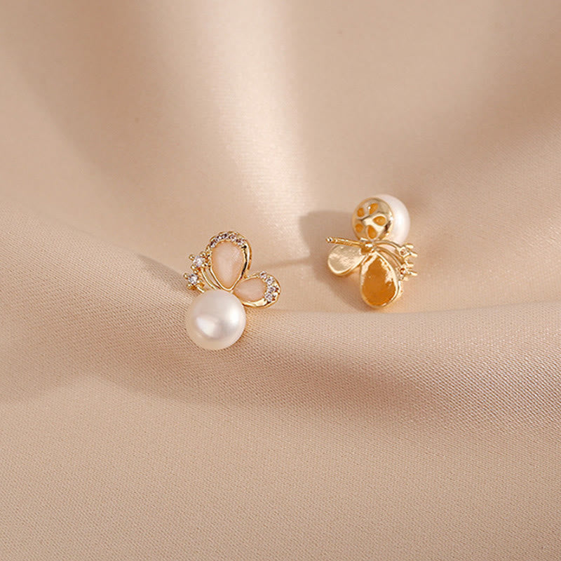 18k Gold Plated Pearl Butterfly Love Freedom Stud Earrings