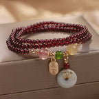 Natural Garnet Strawberry Quartz Crystal Fox Koi Fish Peace Buckle Fortune Protection Triple Wrap Bracelet