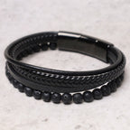 Natural Lava Rock Black Onyx Bead Leather Bracelet