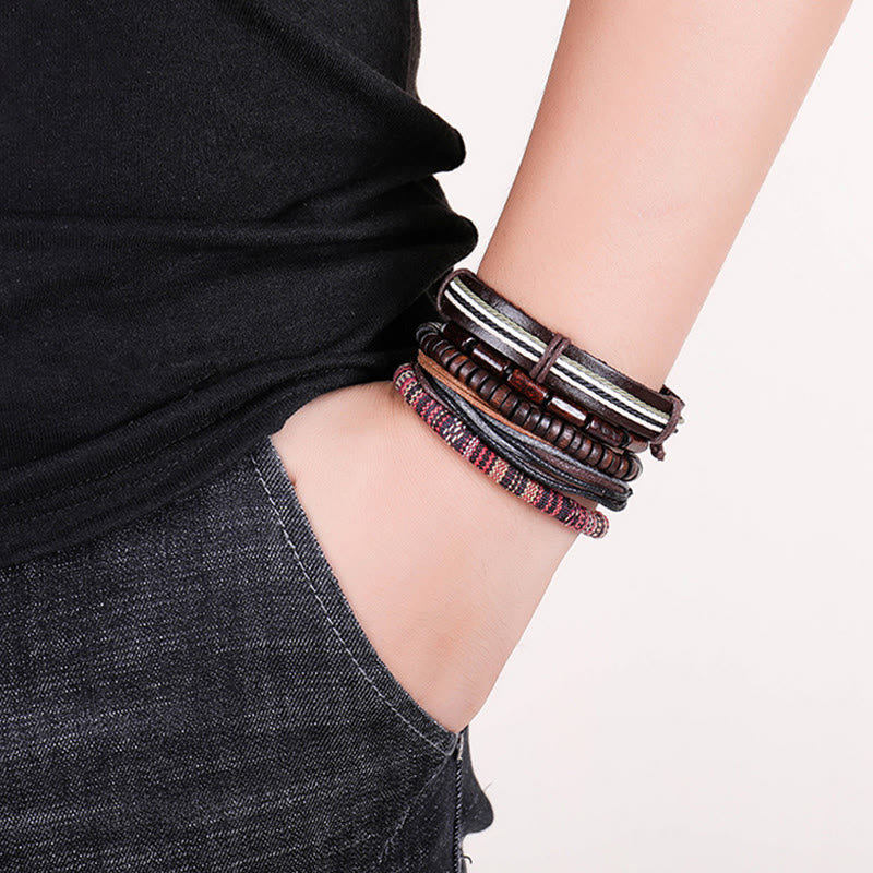 Wrap Hemp Cords Wood Beads Leather Bracelet
