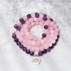 Natural Rose Quartz & Amethyst Mala Bead Lotus Pendant Bracelet