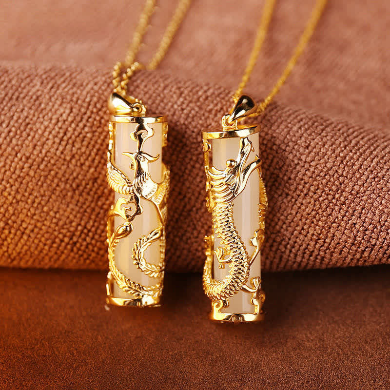 Jade Dragon Phoenix Copper Blessing Harmony Necklace Pendant