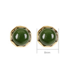 925 Sterling Silver Plated Gold Natural Hetian Cyan Jade Bead Luck Stud Earrings