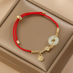 18K Gold Plated Hetian Jade Peace Buckle Fu Character Luck Red Rope Bracelet
