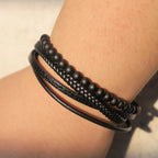 Natural Lava Rock Black Onyx Bead Leather Bracelet