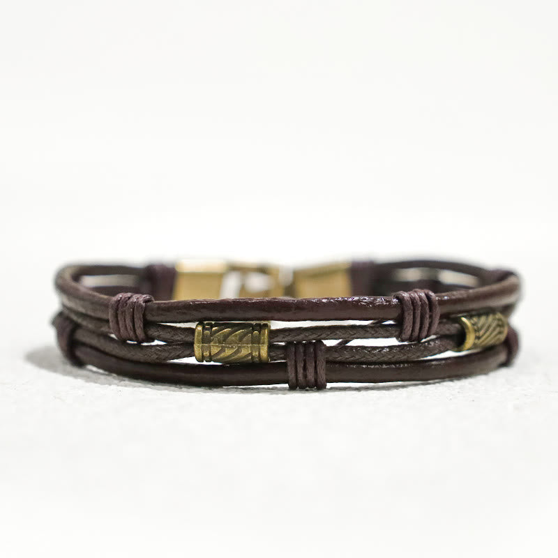 Vintage Leather Wrist Band Brown Rope Layered Bracelet Bangle