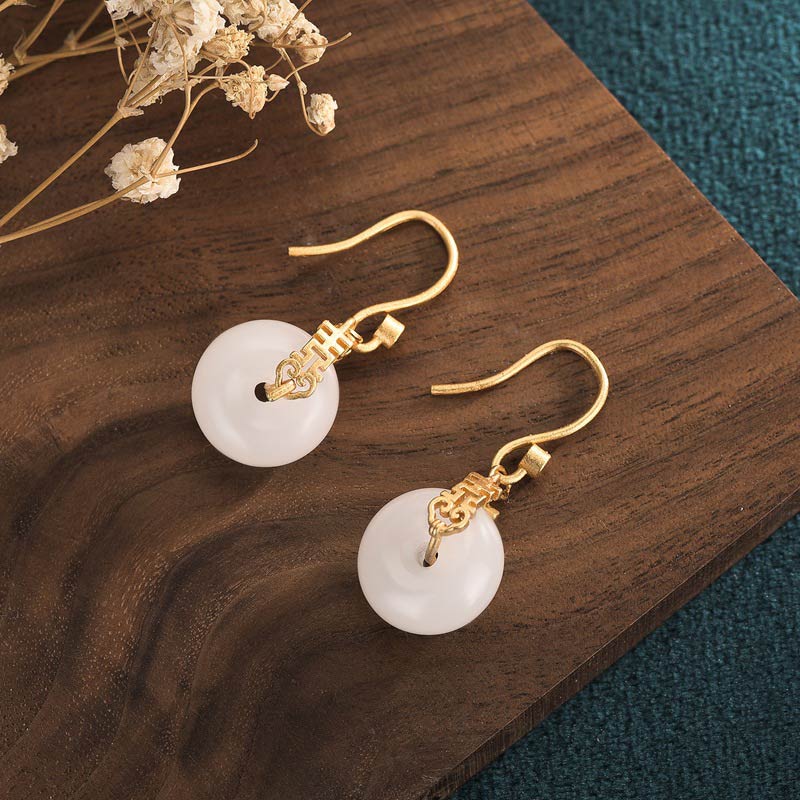 White Jade Double Happiness Fortune Earrings