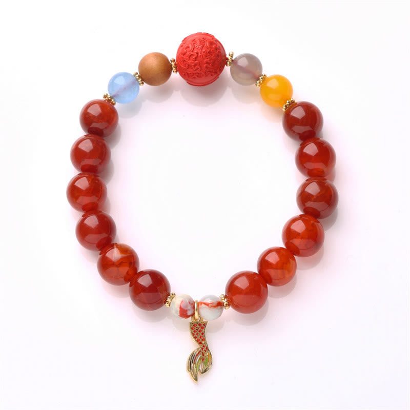 Natural Red Agate Peace Talisman Fu Character Dragon Tail Confidence Charm Bracelet