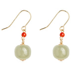 925 Sterling Silver Plated 14k Gold Hetian Jade Red Agate Luck Drop Dangle Earrings