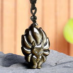 Natural Fluorite Gold Sheen Obsidian Fox Pendant Protection Necklace