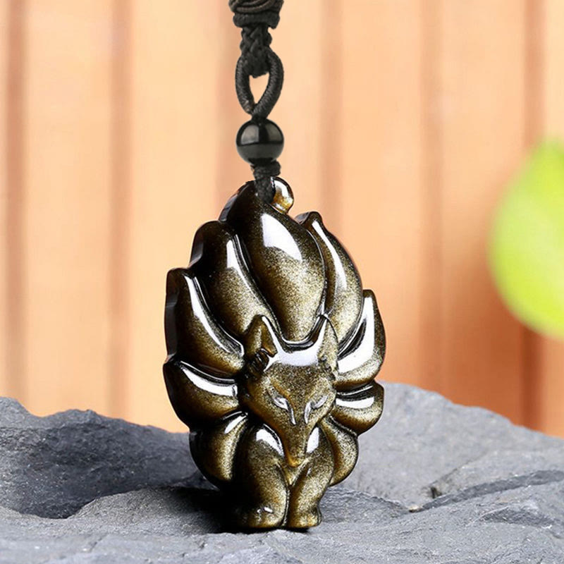 Natural Fluorite Gold Sheen Obsidian Fox Pendant Protection Necklace