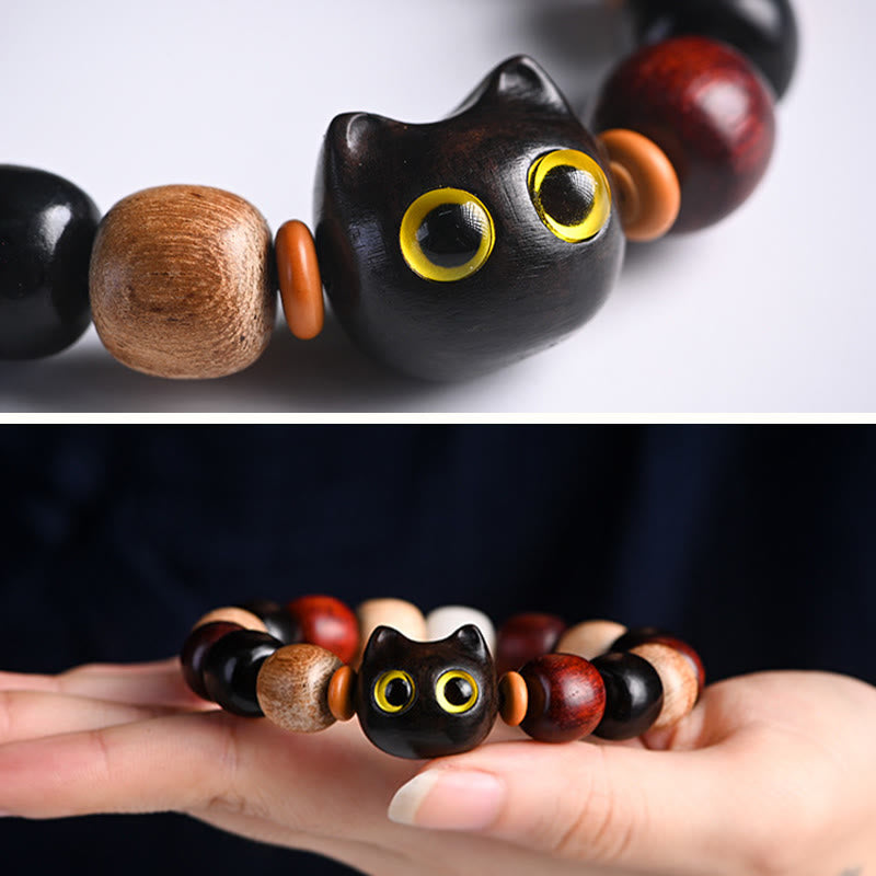 Small Leaf Red Sandalwood Ebony Wood Cute Cat Engraved Protection Bracelet