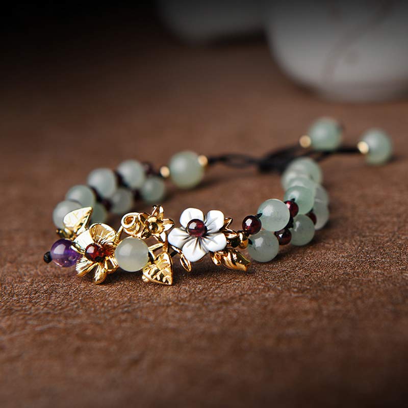 Green Aventurine Garnet Bead Flower Petal Luck Bracelet